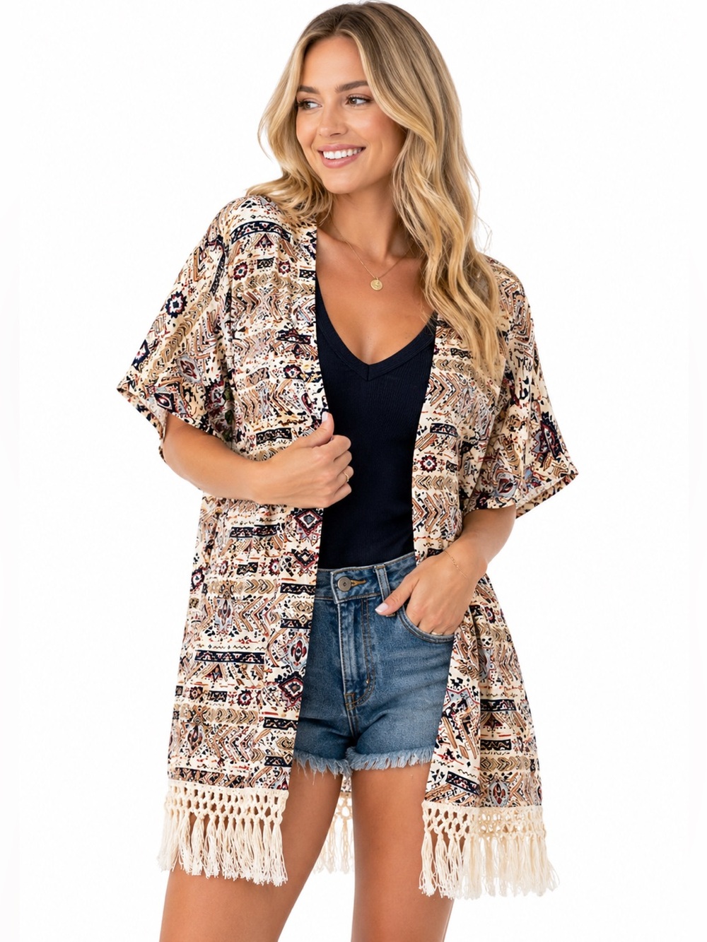 MEDIUM Kimono style shawl cover-up FOREVER 21 BOHO fringe hem open front wrap